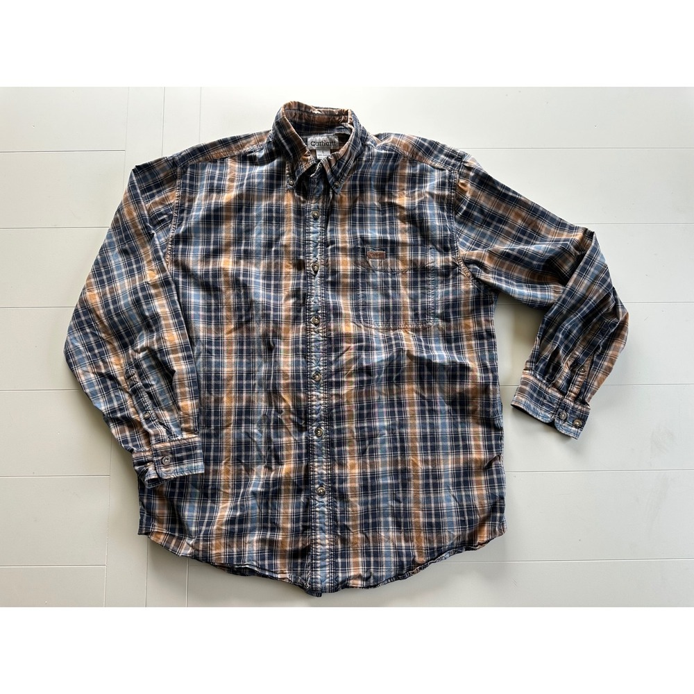 Carhartt Mens Large Plaid Button Down Work Shirt Navy Tan Cotton S173NVY